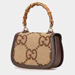 Gucci Bamboo Beige Brown Jumbo Canvas Leather Shoulder Bag