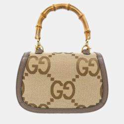 Gucci Bamboo 1947 Beige Canvas and Leather Handbag