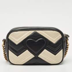 Gucci Black/White Matelassé Leather Mini GG Marmont Camera Crossbody Bag