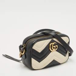 Gucci Black/White Matelassé Leather Mini GG Marmont Camera Crossbody Bag