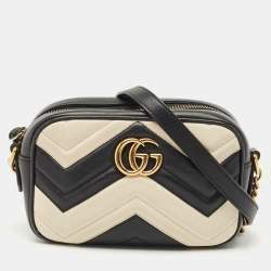 Gucci Black/White Matelassé Leather Mini GG Marmont Camera Crossbody Bag