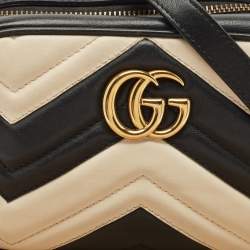 Gucci Black/White Matelassé Leather Mini GG Marmont Camera Crossbody Bag