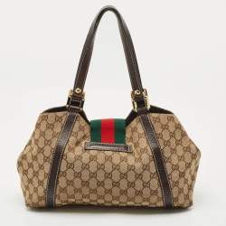Gucci Beige/Dark Brown GG Canvas and Leather New Ladies Web Tote