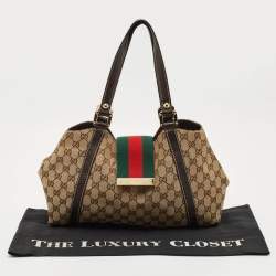 Gucci Beige/Dark Brown GG Canvas and Leather New Ladies Web Tote