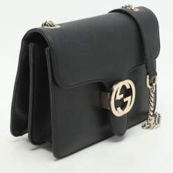 Gucci Black Leather Dollar Interlocking GG Shoulder Bag