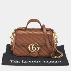 Gucci Brown Matelasse Leather Mini GG Marmont Top Handle Bag