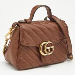Gucci Brown Matelasse Leather Mini GG Marmont Top Handle Bag