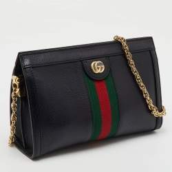 Gucci Black Leather GG Web Detail Ophidia Medium Chain Shoulder Bag