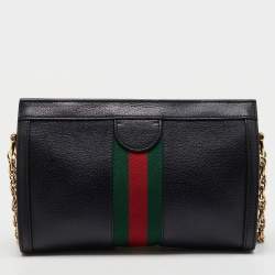 Gucci Black Leather GG Web Detail Ophidia Medium Chain Shoulder Bag