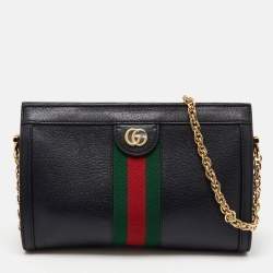 Gucci Black Leather GG Web Detail Ophidia Medium Chain Shoulder Bag