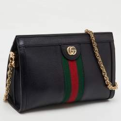 Gucci Black Leather GG Web Detail Ophidia Medium Chain Shoulder Bag