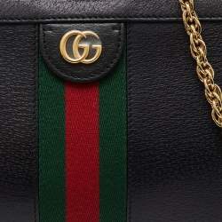 Gucci Black Leather GG Web Detail Ophidia Medium Chain Shoulder Bag