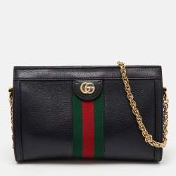 Gucci Black Leather GG Web Detail Ophidia Medium Chain Shoulder Bag