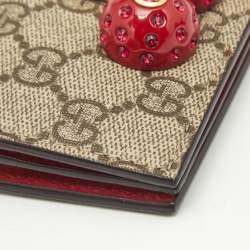 Gucci Beige/Red GG Supreme Coated Canvas Cherry Crystals Embellished Card Case