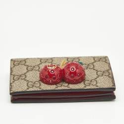 Gucci Beige/Red GG Supreme Coated Canvas Cherry Crystals Embellished Card Case