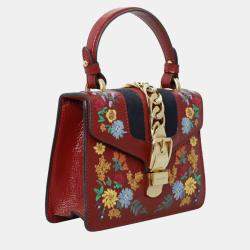Gucci Patent Embroidered Mini Sylvie Red Top Handle Bag