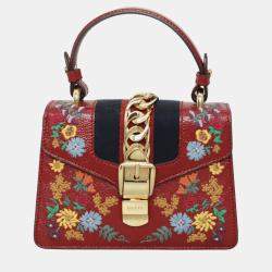 Gucci Patent Embroidered Mini Sylvie Red Top Handle Bag