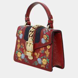 Gucci Patent Embroidered Mini Sylvie Red Top Handle Bag