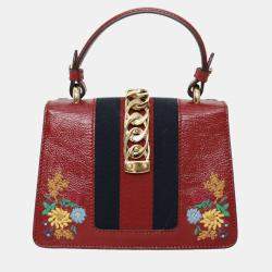 Gucci Patent Embroidered Mini Sylvie Red Top Handle Bag