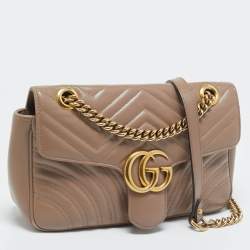 Pre Owned Gucci Beige Matelasse Leather Small GG Marmont Shoulder Bag
