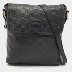Gucci Black Guccissima Leather Flap Messenger Bag