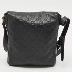 Pre Owned Gucci Black Guccissima Leather Flap Messenger Bag
