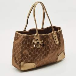 Gucci Gold/Brown GG Satin and Leather Princy Tote