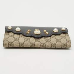 Gucci Black/Beige Leather and GG Supreme Canvas Peony Pearly Continental Wallet