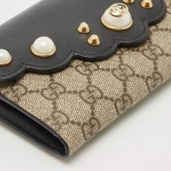 Gucci Black/Beige Leather and GG Supreme Canvas Peony Pearly Continental Wallet