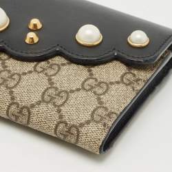 Gucci Black/Beige Leather and GG Supreme Canvas Peony Pearly Continental Wallet