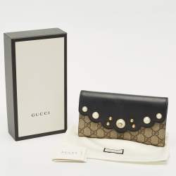 Gucci Black/Beige Leather and GG Supreme Canvas Peony Pearly Continental Wallet