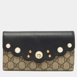 Gucci Black/Beige Leather and GG Supreme Canvas Peony Pearly Continental Wallet