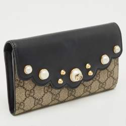 Gucci Black/Beige Leather and GG Supreme Canvas Peony Pearly Continental Wallet