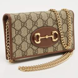 Gucci Beige/Brown GG Supreme Canvas Horsebit 1955 Wallet on Chain