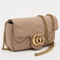 Pre Owned Gucci Beige Matelassé Leather Super Mini GG Marmont Crossbody Bag