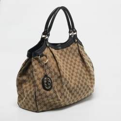 Pre Owned Gucci Black/Beige GG Canvas and Leather Large Sukey Tote
