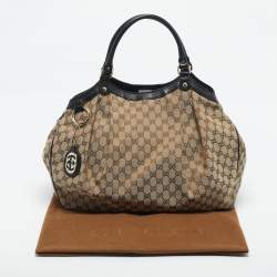 Pre Owned Gucci Black/Beige GG Canvas and Leather Large Sukey Tote