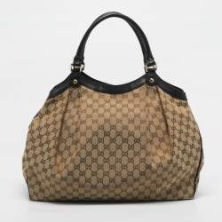 Pre Owned Gucci Black/Beige GG Canvas and Leather Large Sukey Tote