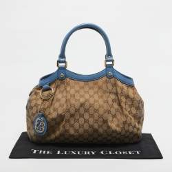 Pre Owned Gucci Blue/Beige GG Canvas and Leather Medium Sukey Tote