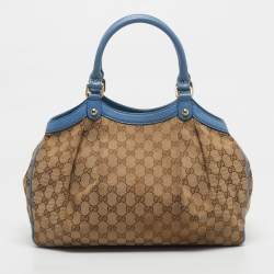Pre Owned Gucci Blue/Beige GG Canvas and Leather Medium Sukey Tote