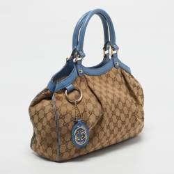 Pre Owned Gucci Blue/Beige GG Canvas and Leather Medium Sukey Tote