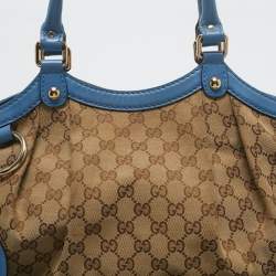 Pre Owned Gucci Blue/Beige GG Canvas and Leather Medium Sukey Tote