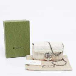 Pre Owned Gucci Off White Matelassé Leather Super Mini GG Marmont Shoulder Bag