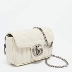 Pre Owned Gucci Off White Matelassé Leather Super Mini GG Marmont Shoulder Bag