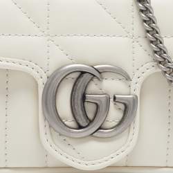 Pre Owned Gucci Off White Matelassé Leather Super Mini GG Marmont Shoulder Bag