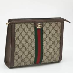 Pre Owned حقيبة كلتش غوتشي أوفيديا قماش GG سوبريم بيج/بنية وجلد