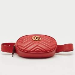 Pre Owned Gucci Red Matelassé Leather Mini GG Marmont Belt Bag