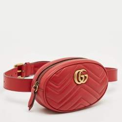 Pre Owned Gucci Red Matelassé Leather Mini GG Marmont Belt Bag
