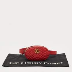 Pre Owned Gucci Red Matelassé Leather Mini GG Marmont Belt Bag