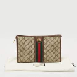 Pre Owned Gucci Beige/Brown GG Supreme Canvas and Leather Medium Ophidia Pouch